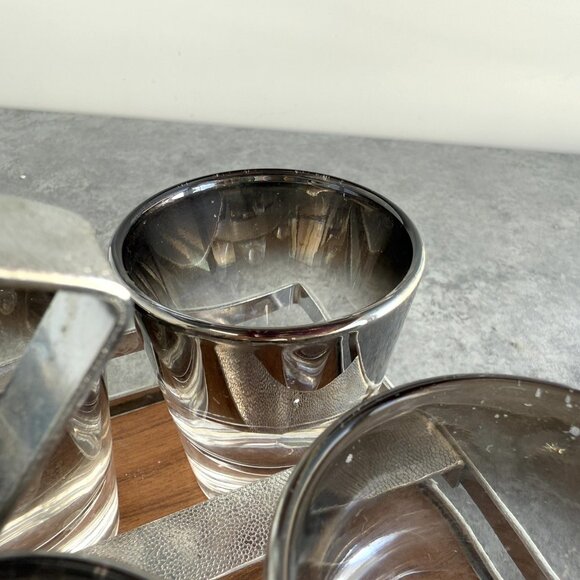 Vintage Silver Fade 8 Shot Glasses w/ Carrier Caddy MCM Barware - Picture 11 of 16